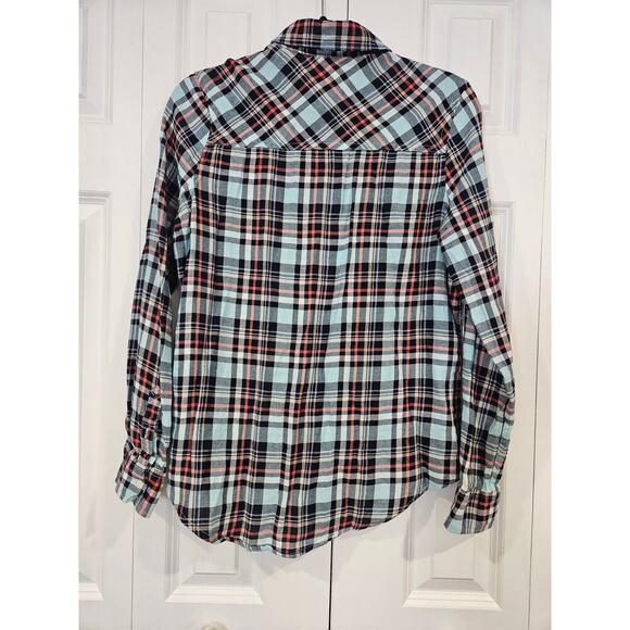 Aeropostale Womens Button Down Flannel L Blue Red Plaid Front Pocket Long Sleeve - Picture 2 of 7